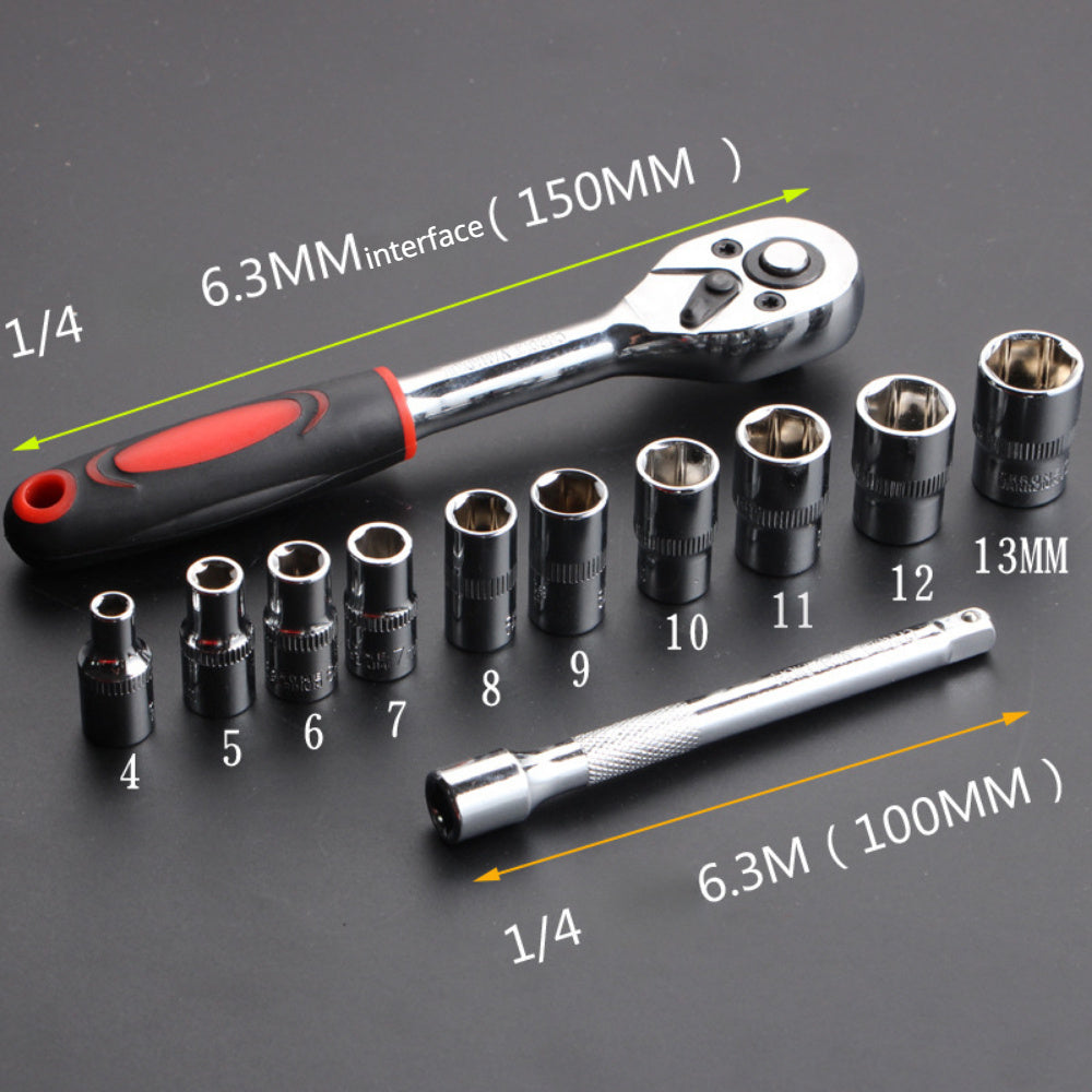12pcs Carbon Steel Socket Wrench Set, Multi-Functional Bicycle Repair Tool Kit, with Extension Bars and Ratchet Handle for Motorcycle, Car, Boat Maintenance
