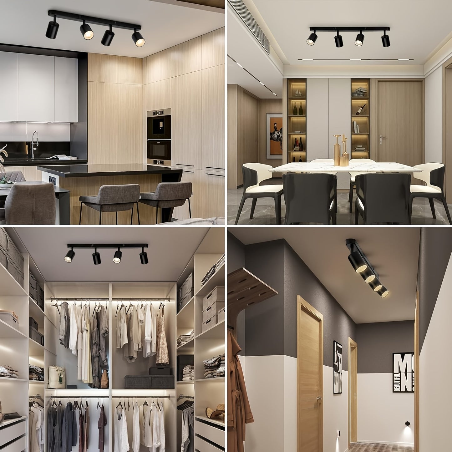 1pc LED Ceiling Light with 4 Bulbs, Rotatable GU10 Spotlight Bar Pendant Lamp in Black & White, Modern Kitchen Bedroom Living Room Ceiling Fixture (Bulbs Not Included)