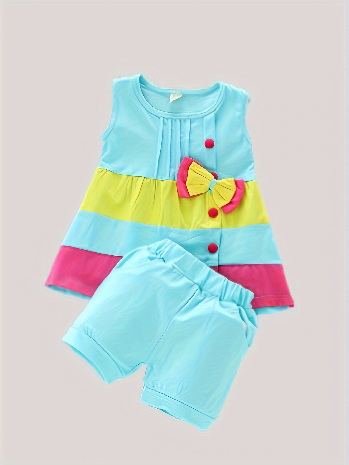 Stylish Color Block Outfit - Cute Bow Puffy Hem Vest & Pocket Shorts Two-piece Set Toddler Baby Clothes Outdoor Clothes Outdoor Suit
