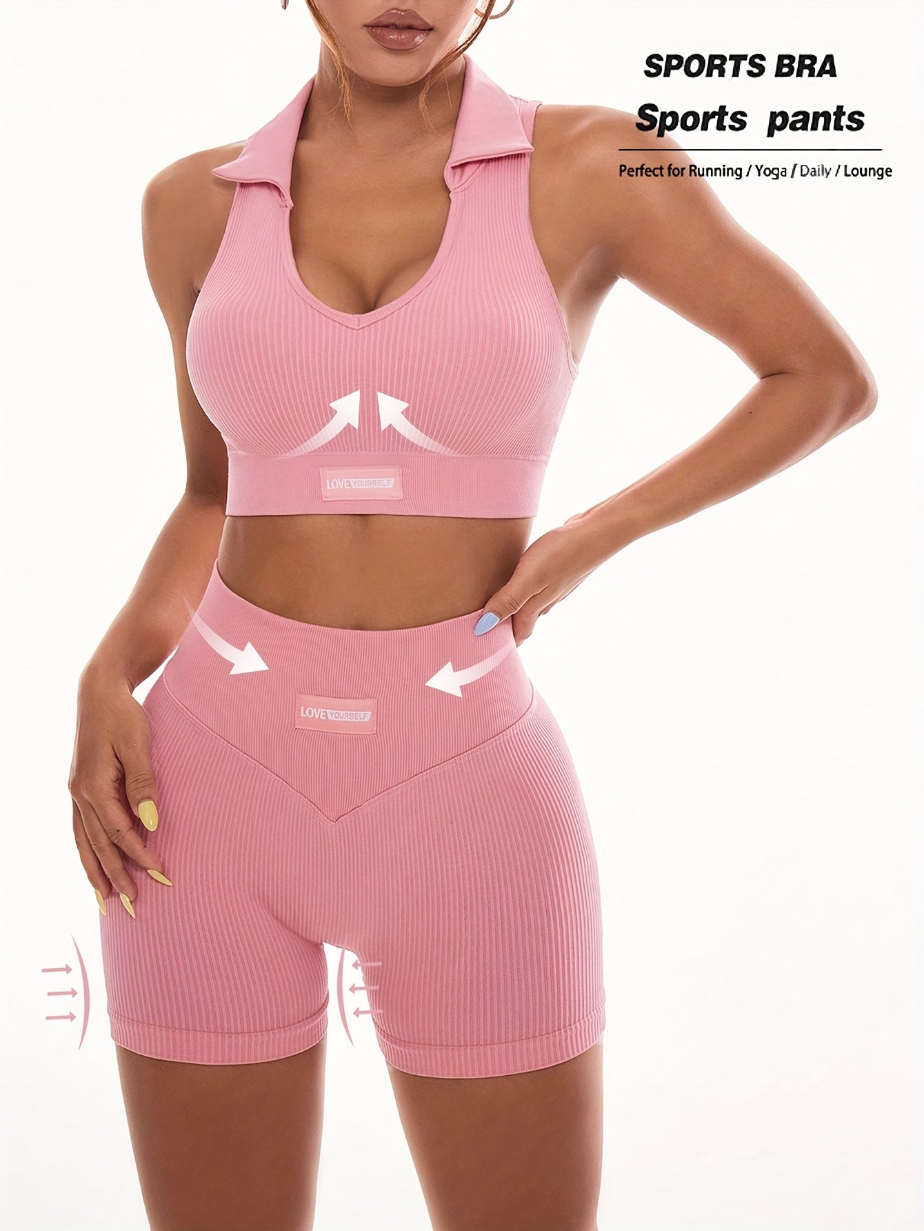 Women'S High Stretch Ribbed Fitness Set, Pink Sleeveless Sports Bra and Shorts with Removable Pads, Ideal for Running and Outdoor Activities