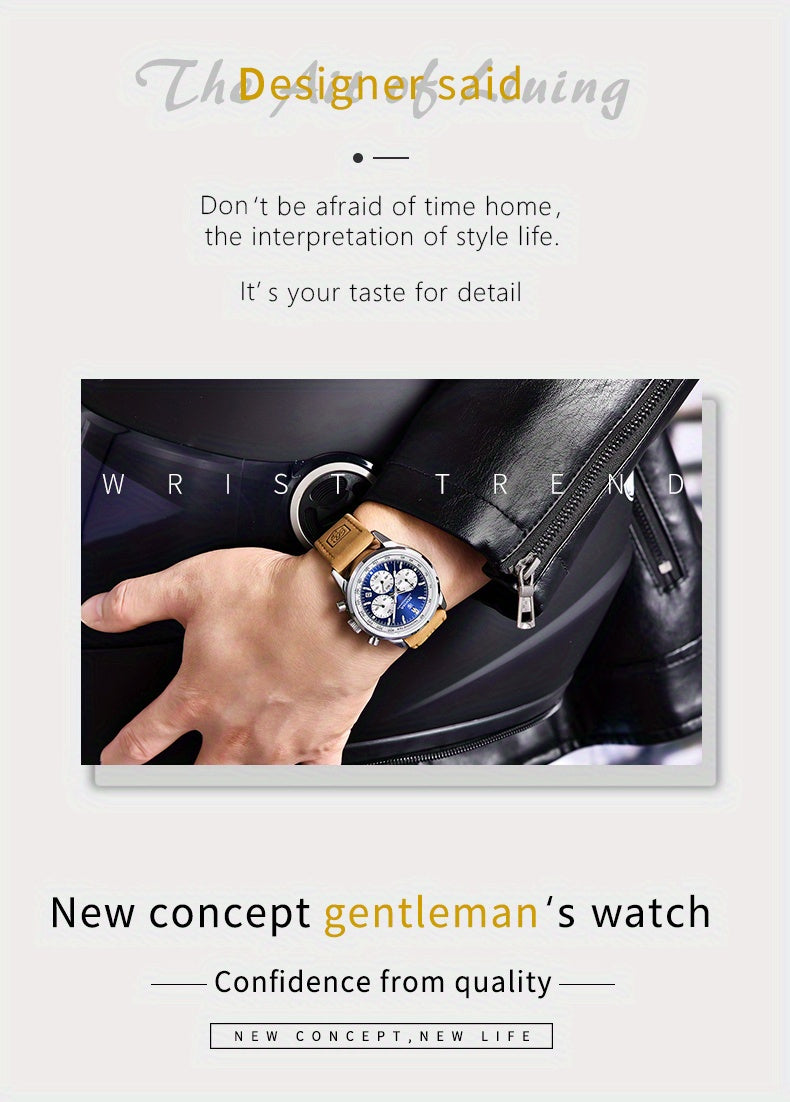 BENYAR Top Brand Men's Watches Sport For Men Multifunction Chronograph Black Fashion Quartz Wristwatches Calendar With Leather Strap