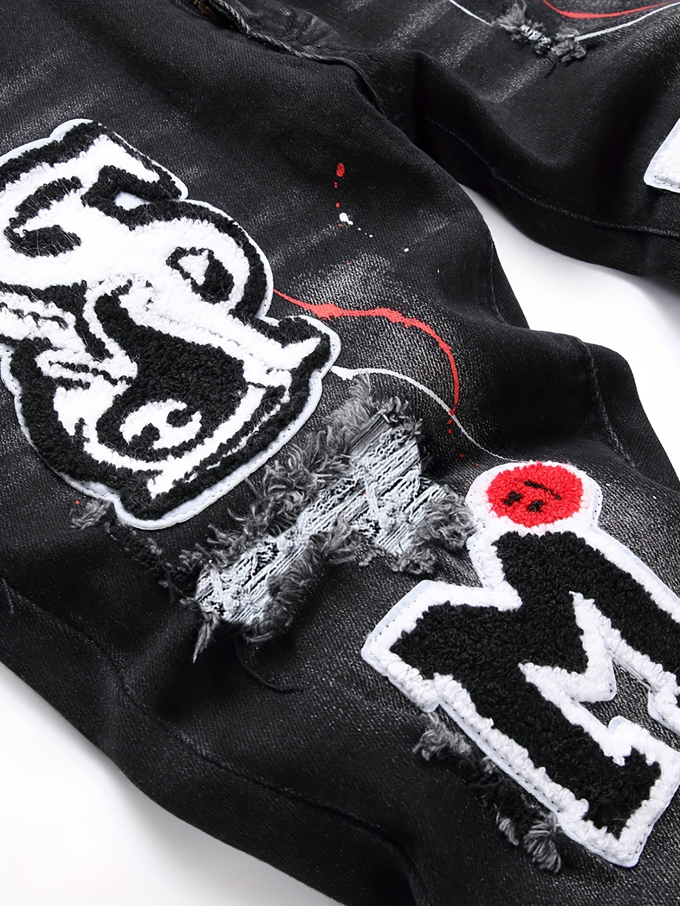 Patch Splatter Ripped Jeans, Men's Casual Street Style Distressed Slim Fit High Stretch Denim Pants For Spring Summer