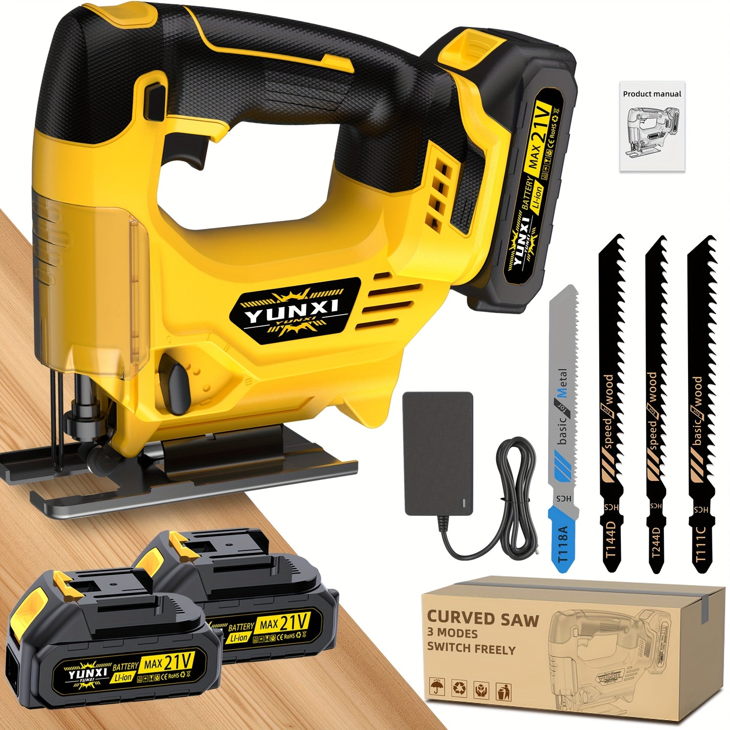 Charging Wireless Curve Saw, Electric Curve Saw, with 2 Batteries And Charger, Maximum Cutting Depth for Wood And Metal, Variable Speed, 45 Degree Oblique Cut, 3000 Revolutions Per Minute, Used for Cutting Wood, Metal And Pla