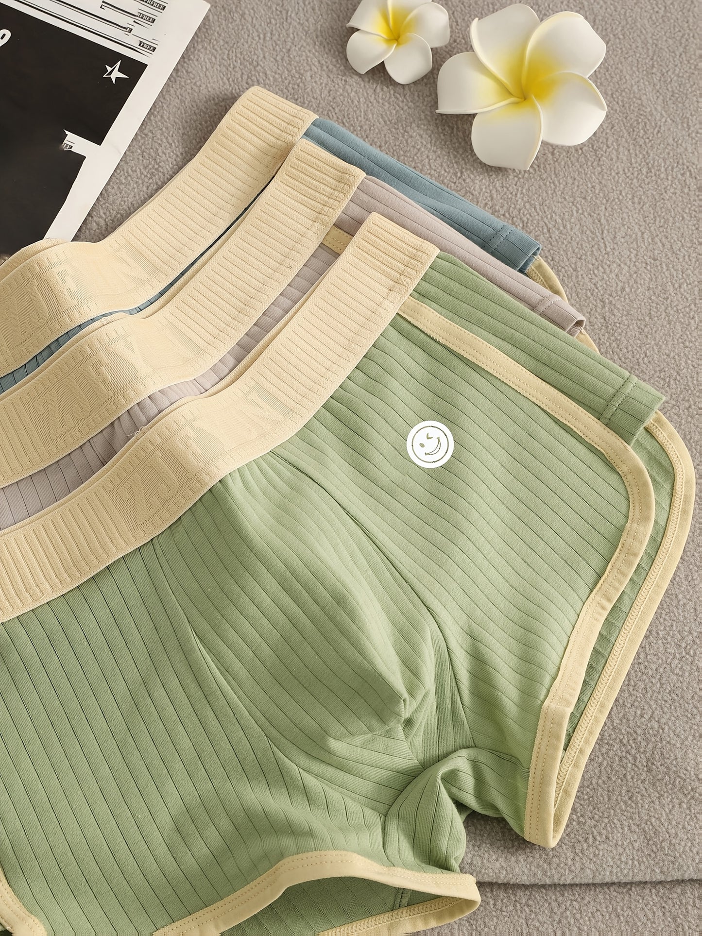 3pcs Men'S Boxer Briefs - Breathable, Comfortable, Stretchy Ribbed Striped Underwear in, Green, and, Perfect for Casual Attire or Sports, Comfortable Underwear | Ribbed Texture | Medium Elasticity