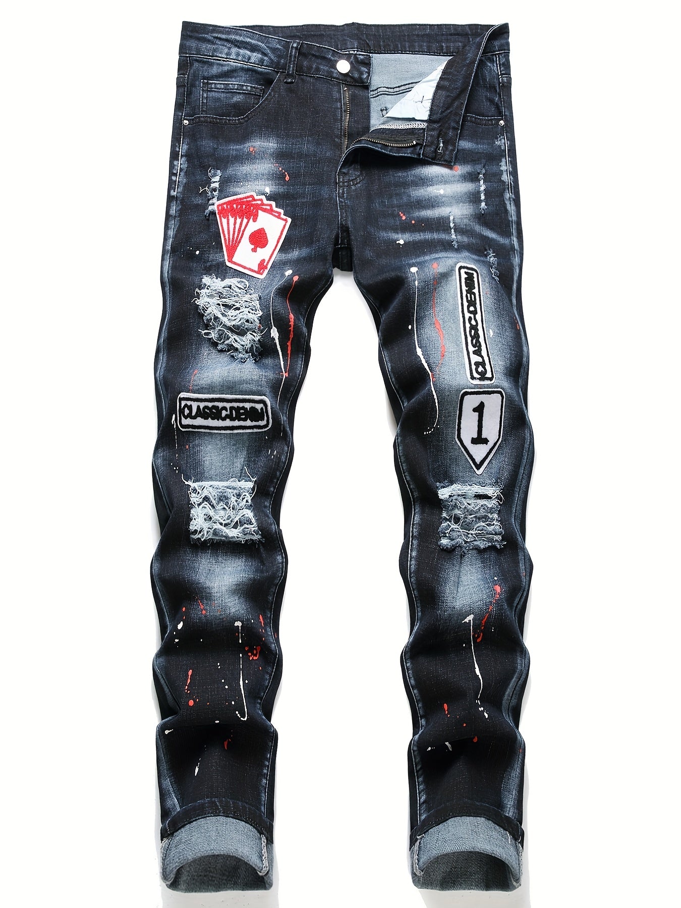 Patch Splatter Ripped Jeans, Men's Casual Street Style Distressed Slim Fit High Stretch Denim Pants For Spring Summer