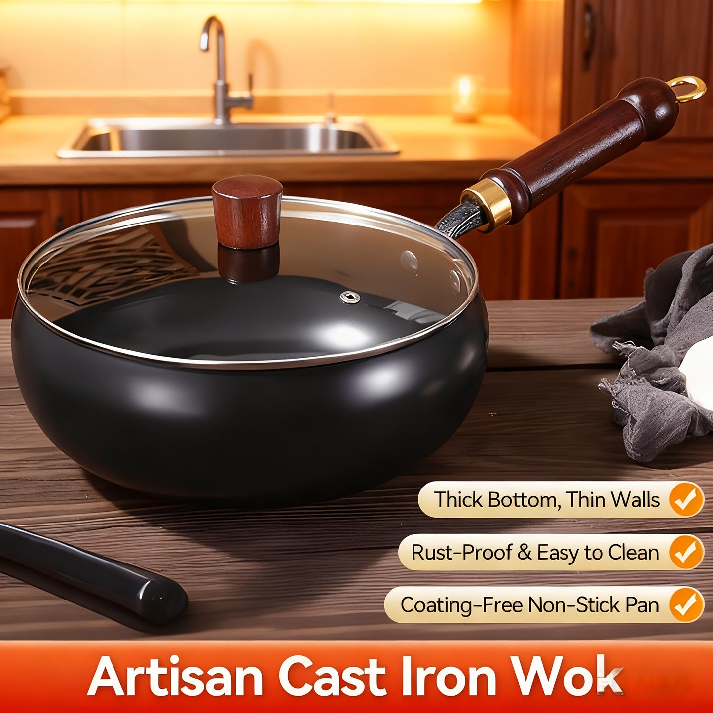 Hand-Forged Large Bellied Iron Wok - Non-Stick Deep Round Frying Pan with Wooden Handle, Heavy-Duty Cast Iron Cookware for Stir-Frying, Braising, Braising Pot, Traditional Cooking Pot, Durable Cooking Pot