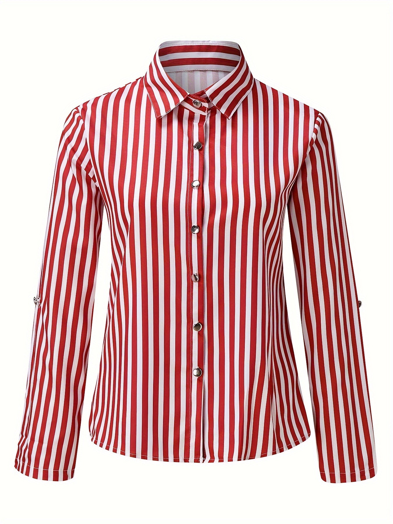 Striped Print Button Front Shirt, Elegant Long Sleeve Business Work Shirt With A Collar, Women's Clothing