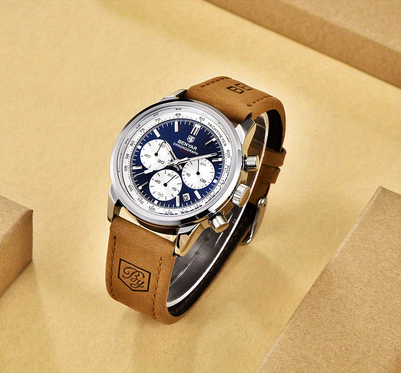 BENYAR Top Brand Men's Watches Sport For Men Multifunction Chronograph Black Fashion Quartz Wristwatches Calendar With Leather Strap