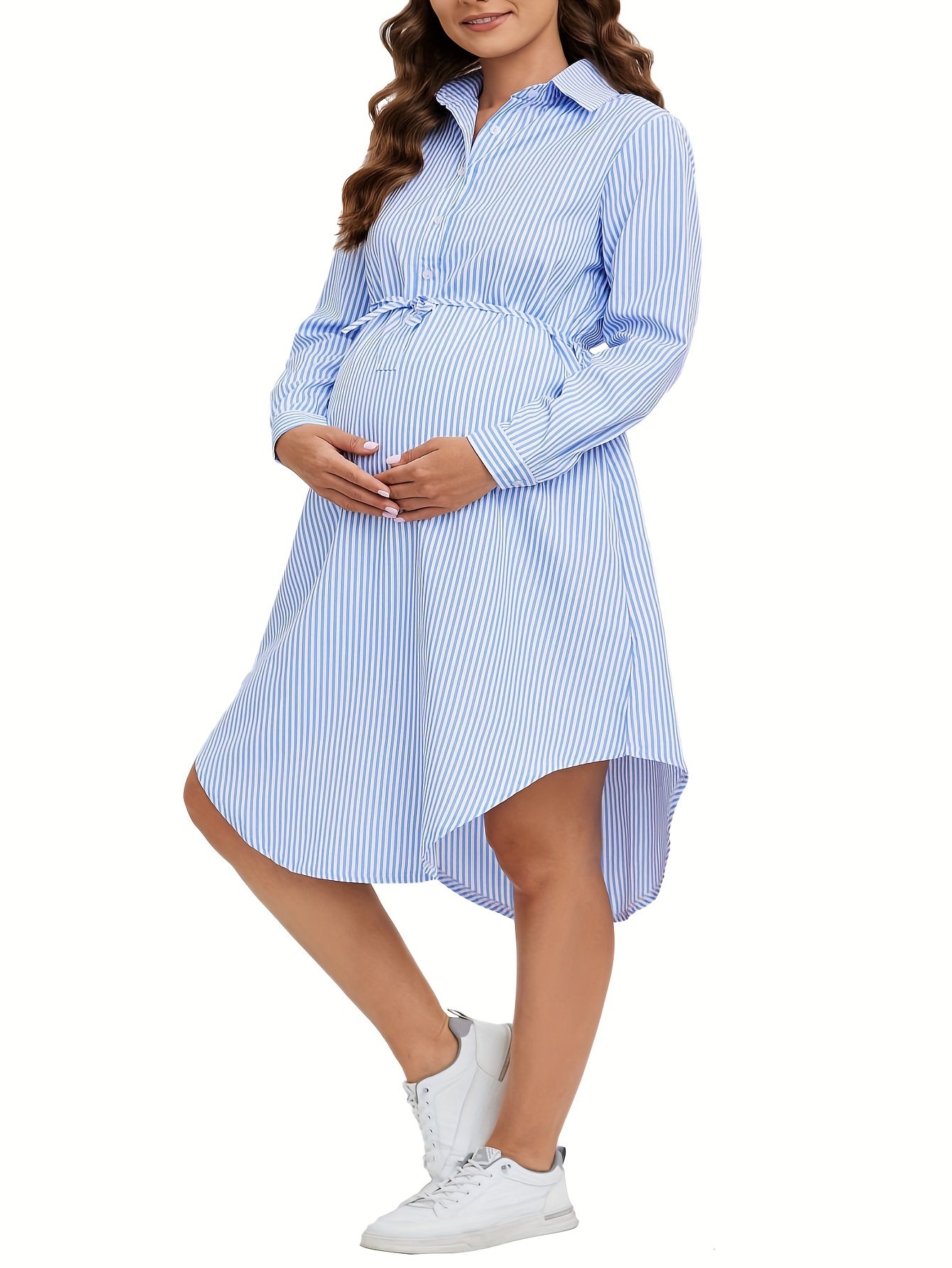 Elegant Striped Maternity Dress with Belt - Long Sleeve, Knee-Length Shirt Style for Women, Machine Washable, Loose, Collar