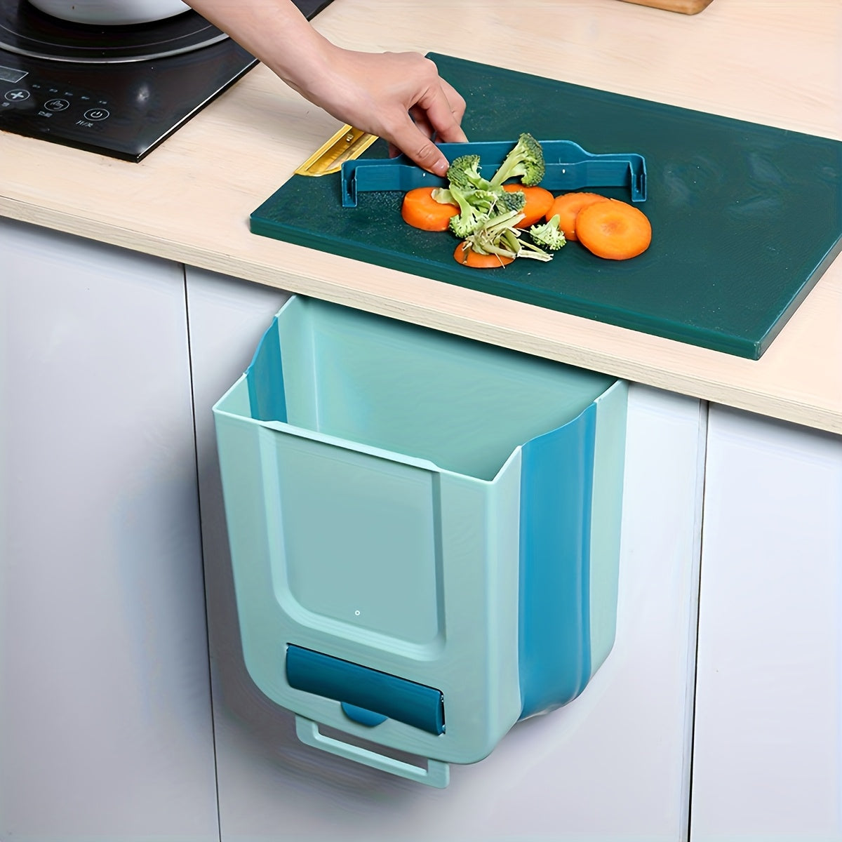 1pc Large Foldable Hanging Trash Can for Kitchen Cabinet Doors - Space-Saving, Wall-Mounted Waste Basket in White & Gray with Creative Sorting Feature, No Electricity Required, Cabinet Door Trash Can|Modern Kitchen Accessory|