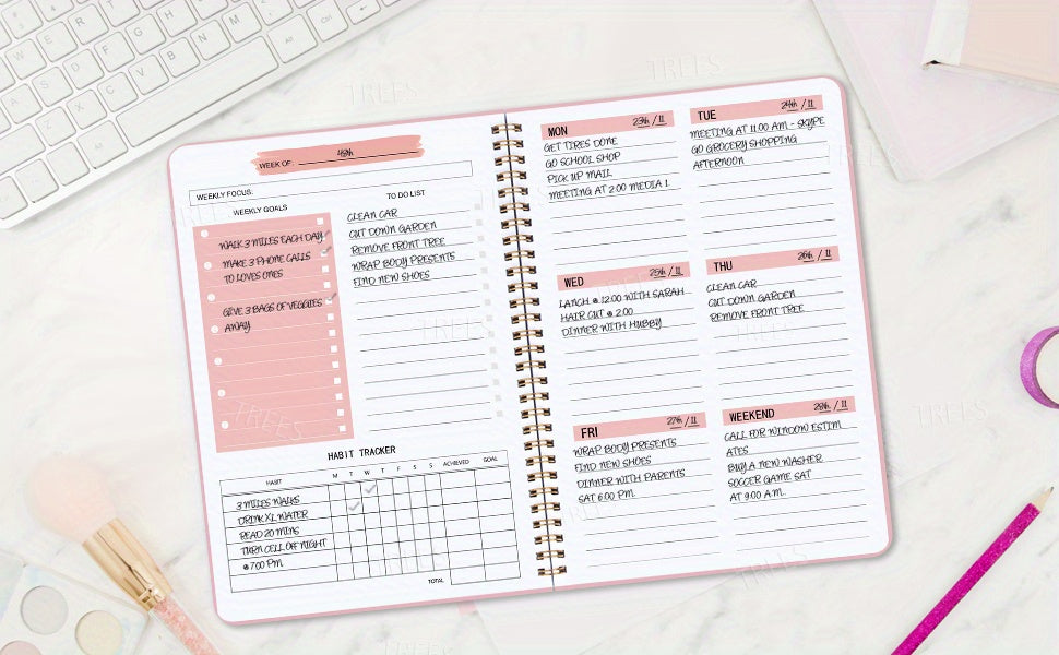1pc Trees Spiral Undated A5 Daily Weekly Notebook Planner Agenda, Stationery Office School Supplies, Record Daily Plans To Achieve Future Goals, 21.08*13.97 Cm, 52 Sheets