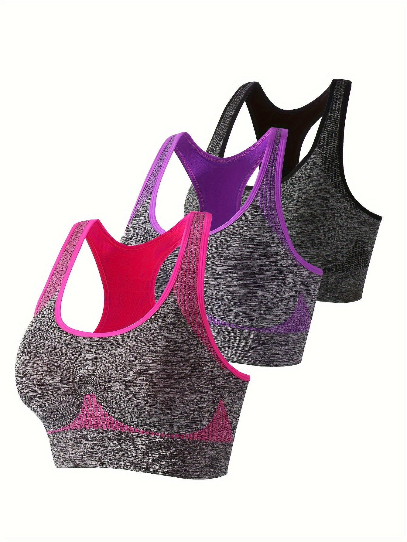 3pcs Contrast Binding Quick Drying Sports Bra, Racerback Shockproof Running Fitness Crop Tank Top, Women's Activewear