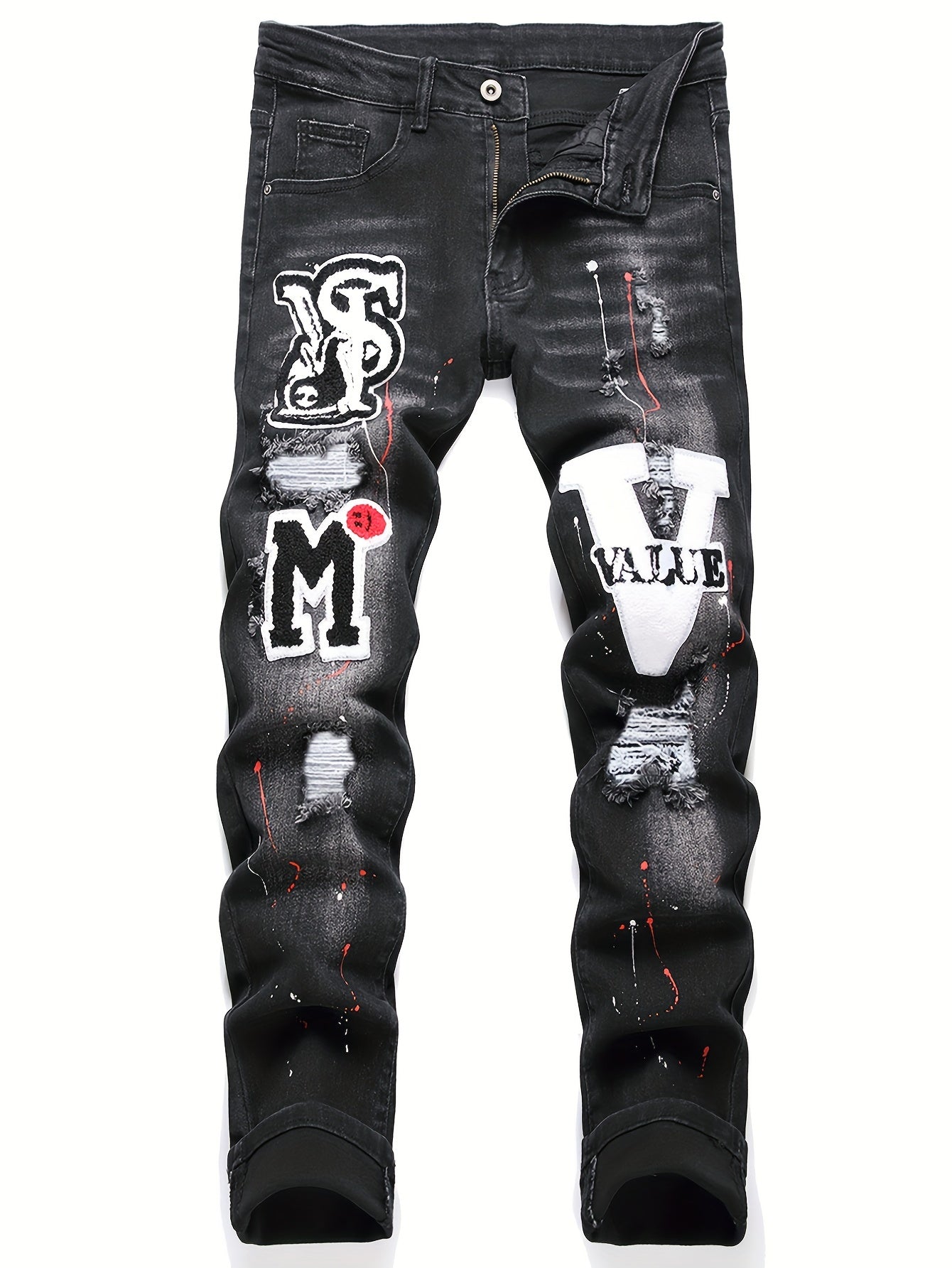 Patch Splatter Ripped Jeans, Men's Casual Street Style Distressed Slim Fit High Stretch Denim Pants For Spring Summer