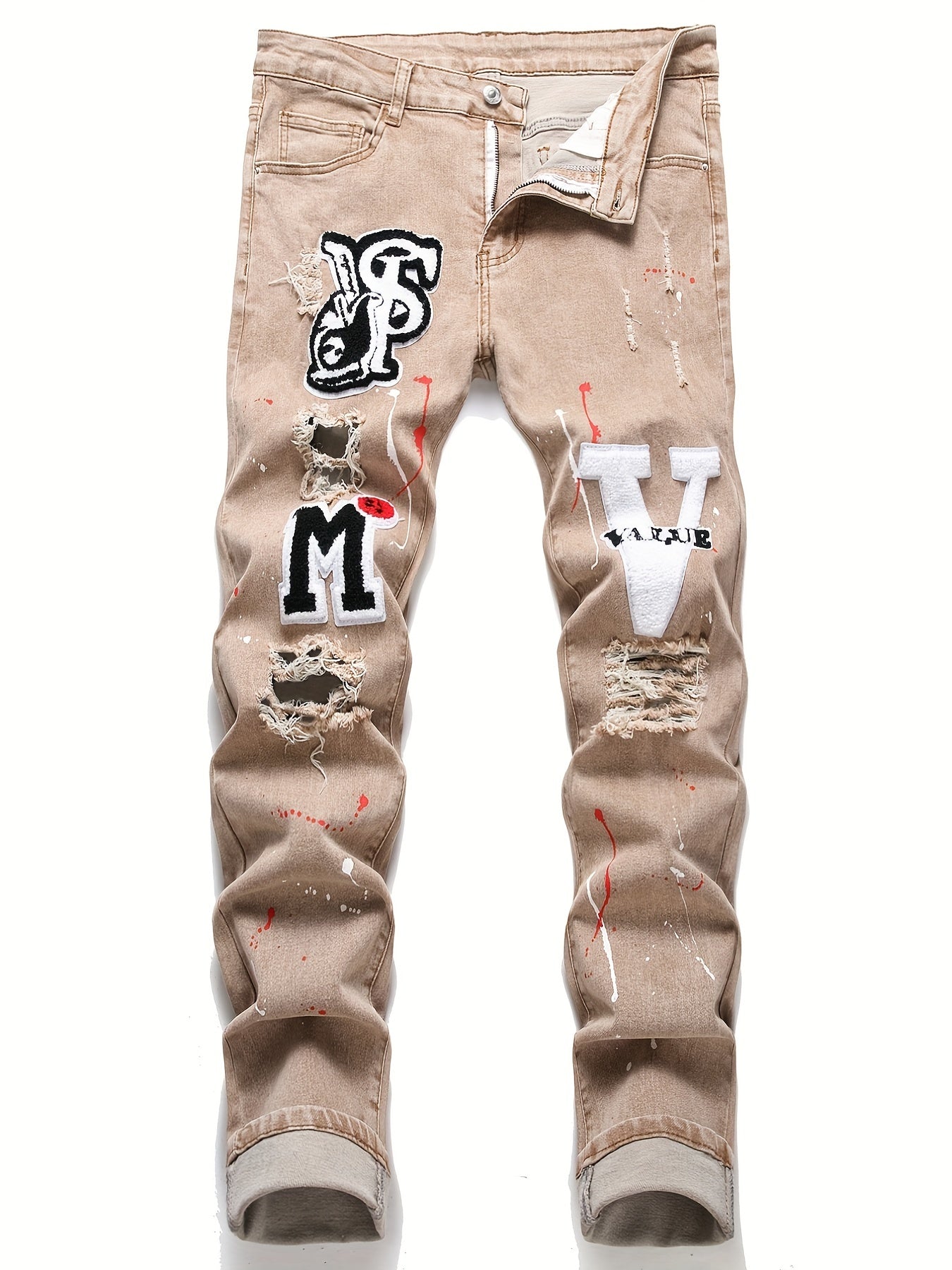 Patch Splatter Ripped Jeans, Men's Casual Street Style Distressed Slim Fit High Stretch Denim Pants For Spring Summer