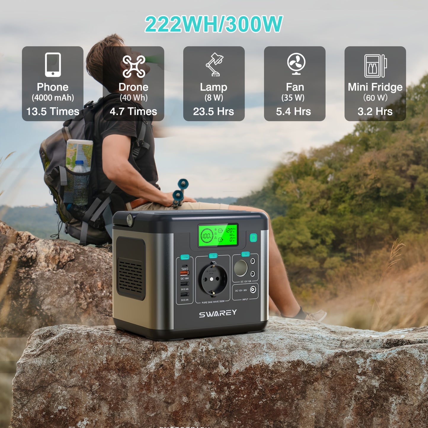Swarey 300W Power Station with 100W Solar Panel, Power Bank with AC Outlet, 222 Wh Portabale External Battery Pack, PD 65W Fast Charging Laptop Charger Battery for Business Travel Camping Home Emergency Outage Laptop Camera