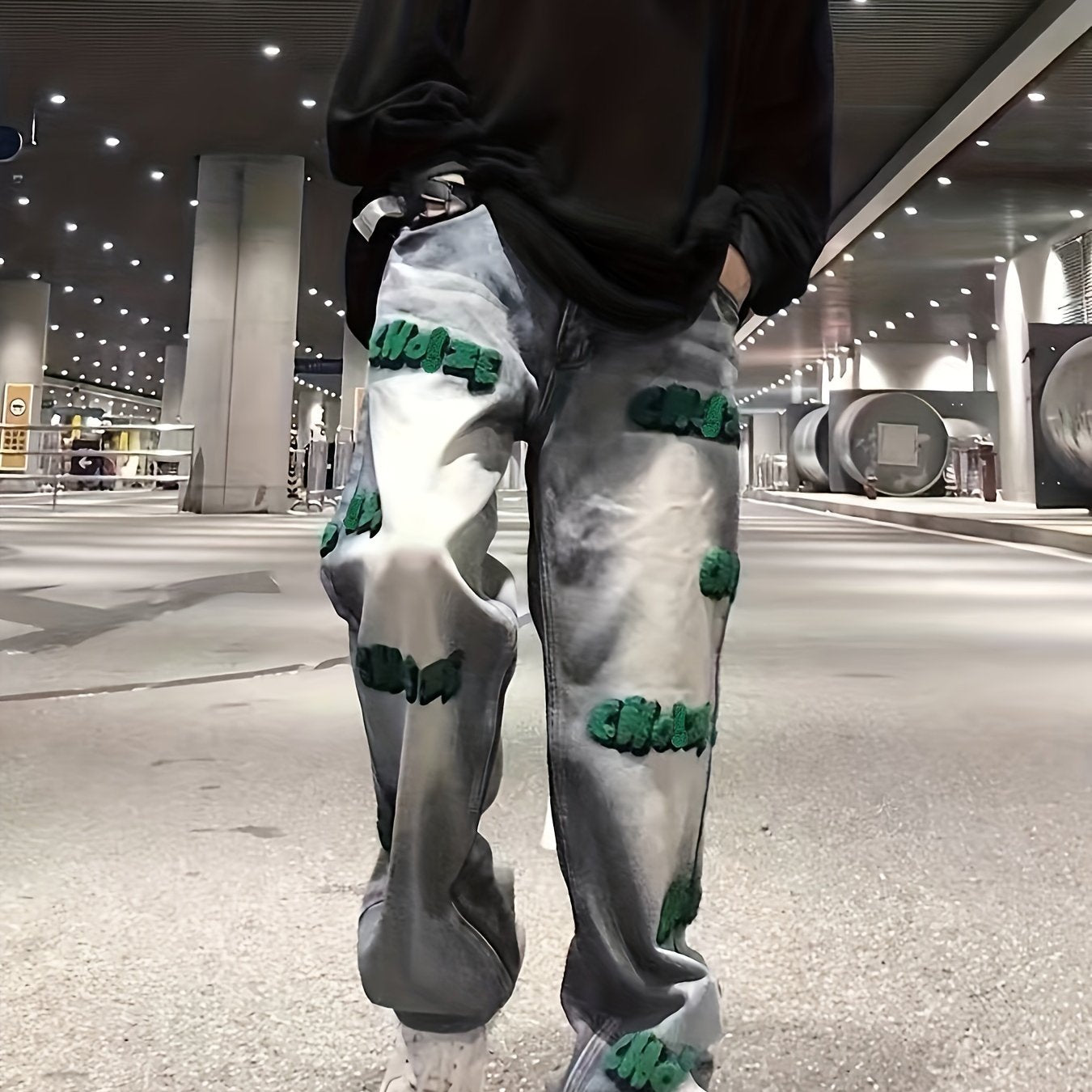 Embroidery Cotton Baggy Jeans, Men's Casual Creative Street Style Denim Pants For Spring Summer