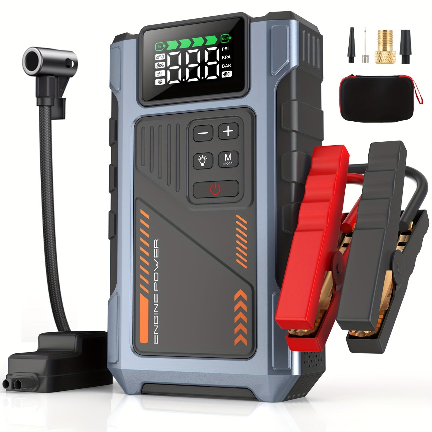 12000mAh Jump Starter Power Pack, 6000A Car Battery Booster 12V Jump Starter with 150PSI Tire Inflator Portable Air Compressor, with LCD Display, Jump Starter Power Bank (7.5L Gas/6L Diesel), LED Light, Vehicle Maintenance To