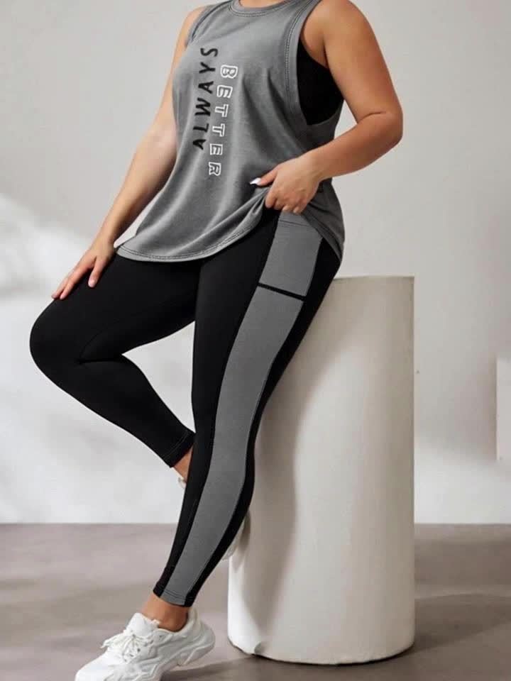 Plus Size Women's High Elasticity New Fashion Casual Letter Print Loose Sleeveless Vest and Tight-Fit Sports Yoga Pants Two-Piece Set
