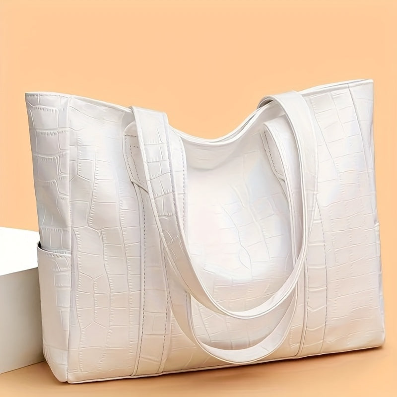 Stylish White Crocodile-Textured Tote Bag with Golden-Tone Hardware - Large Capacity, Durable, Perfect for Commuting, Shopping, and Travel, Travel Tote Bag | Elegant Tote Bag | Durable Tote