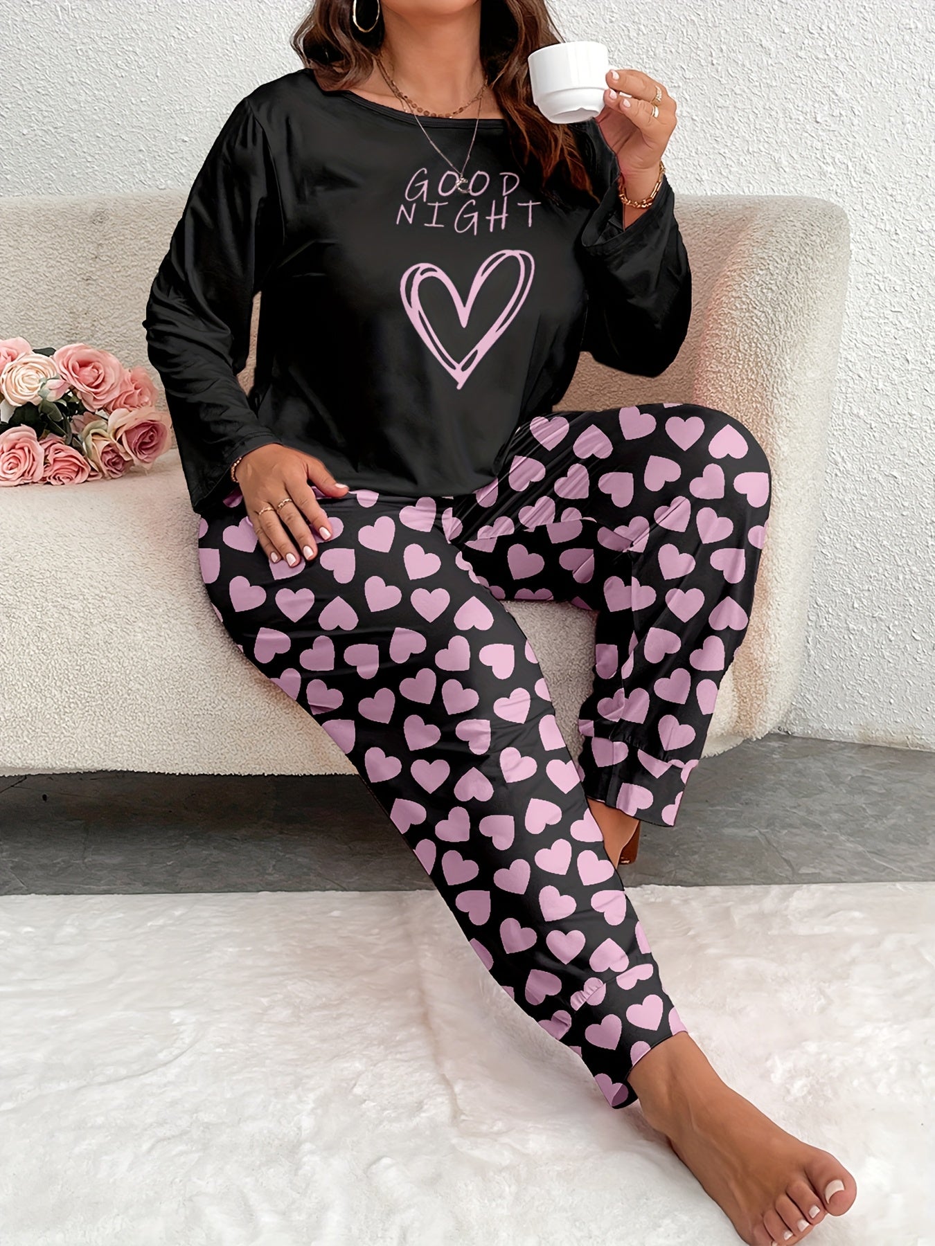 Women's Comfort Plus Size Heart Print Pajama Set - Long Sleeve and Pants, Soft Polyester Loungewear, Machine Washable, Autumn, Oversized, Heart Pattern, Long Sleeve Sleepwear Set