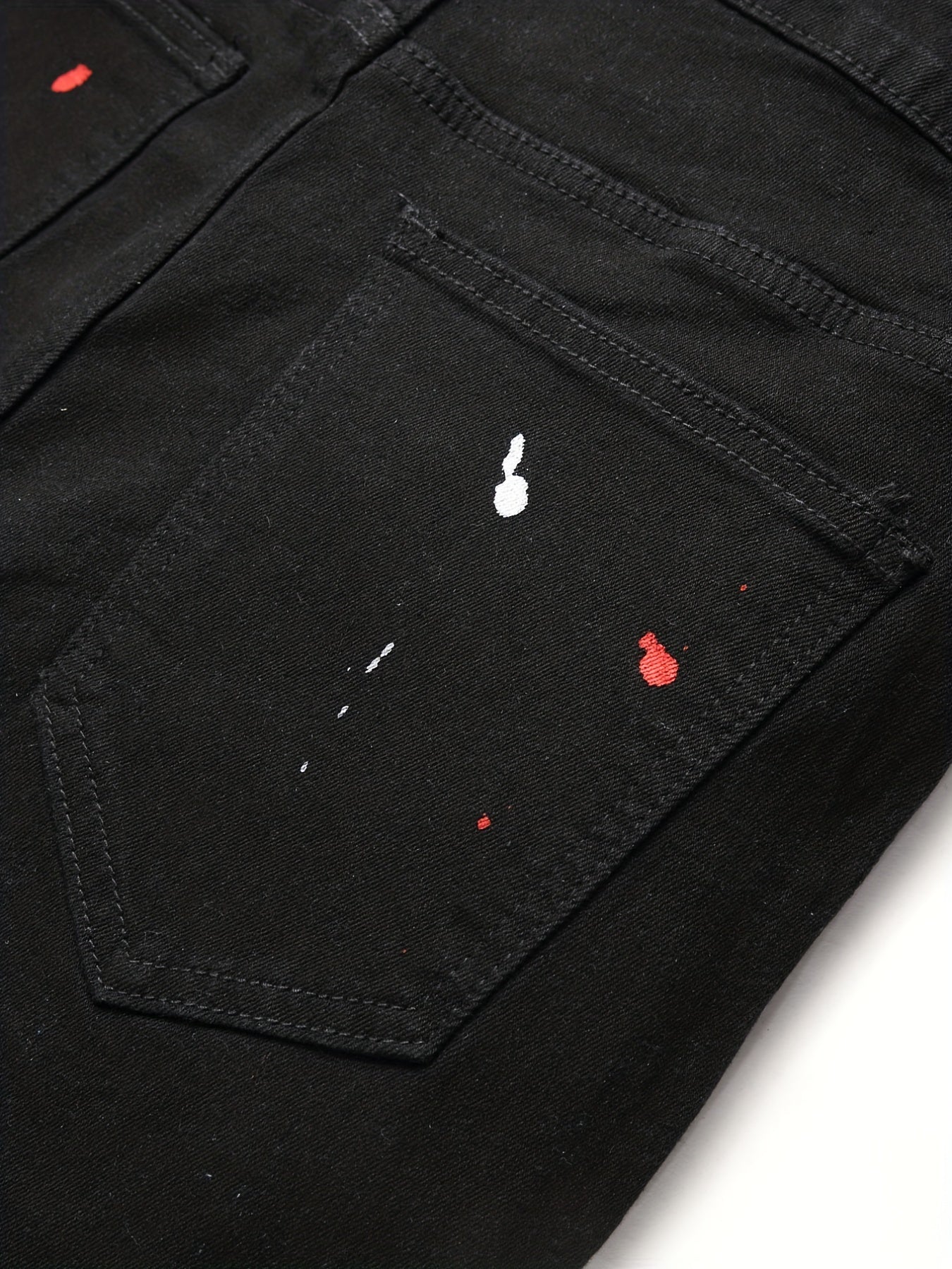 Patch Splatter Ripped Jeans, Men's Casual Street Style Distressed Slim Fit High Stretch Denim Pants For Spring Summer