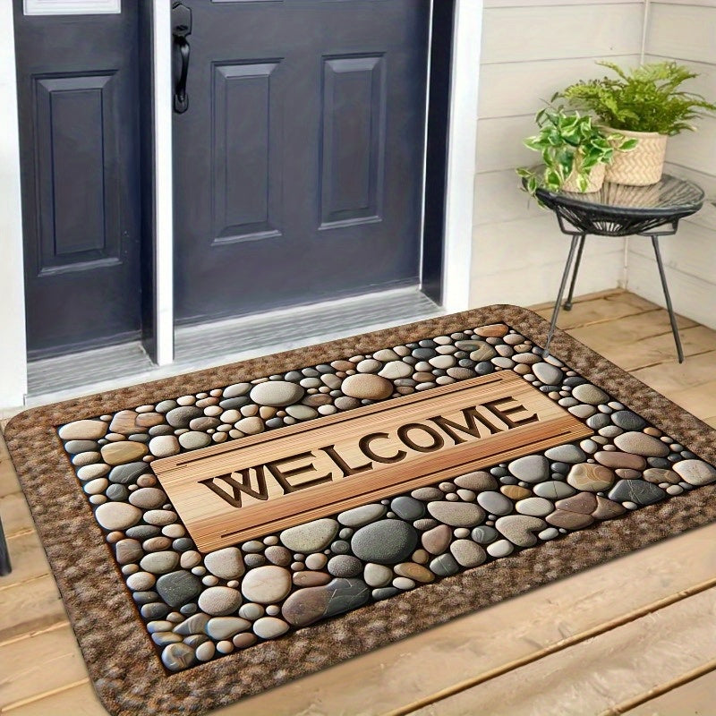 2D Welcome Home Non-Slip Door Mat - Durable, Machine Washable Mat with Stone Pattern & Wood Texture Design - Perfect for Farmhouse Decor, All-Season Use, Polyester Material, Welcoming Entrance Mat | Natural Look Rug | Wooden