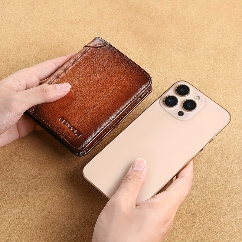 Men's Genuine Leather Premium Slim Driver's License Card Holder, Trendy 3-Fold Wallet, Top-Grain Cowhide, Large Capacity RFID Blocking Credit Card Holder, Portable Cash Work Business Commuter Office Anniversary Couple Birthda