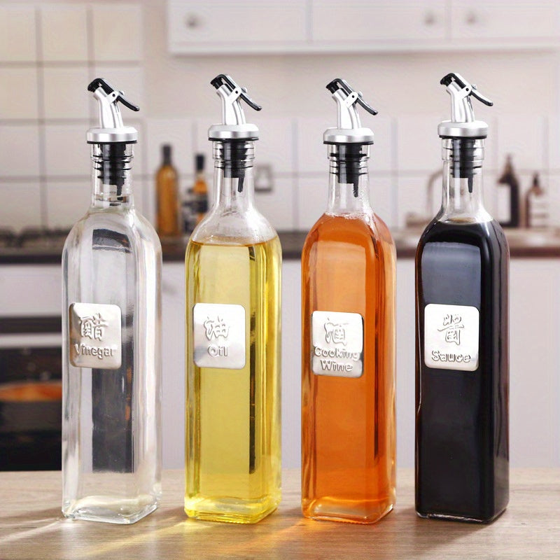 4pcs 500Ml Glass Olive Oil Bottles Vinegar Dispenser Set With Drip Spout For Cooking Kitchen Baking, Kitchen Supplies, Kitchen Tools