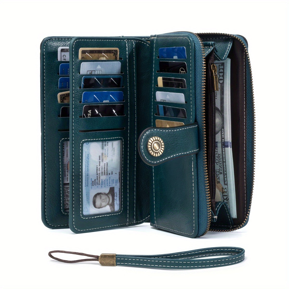 RFID Blocking Long Wallet With Wristlet, Retro Style Faux Leather Wallet With Multi Card Slots & Id Window