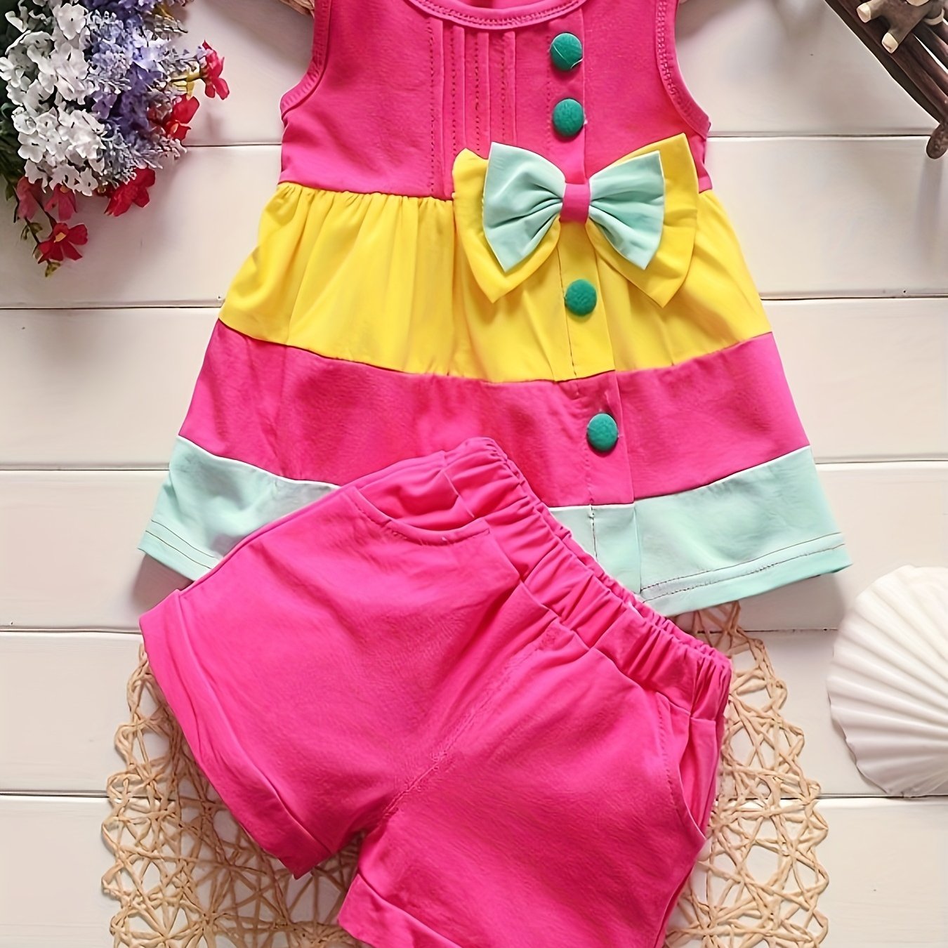 Stylish Color Block Outfit - Cute Bow Puffy Hem Vest & Pocket Shorts Two-piece Set Toddler Baby Clothes Outdoor Clothes Outdoor Suit