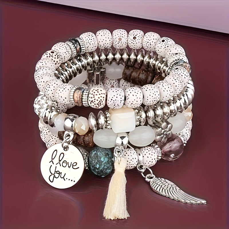 4pcs Bohemian Ethnic Style Winged Tassel Beaded Bracelets, Women's Fashion Jewelry, Versatile for Casual Attire and Perfect Holiday Gift for Girlfriend or Wife!
