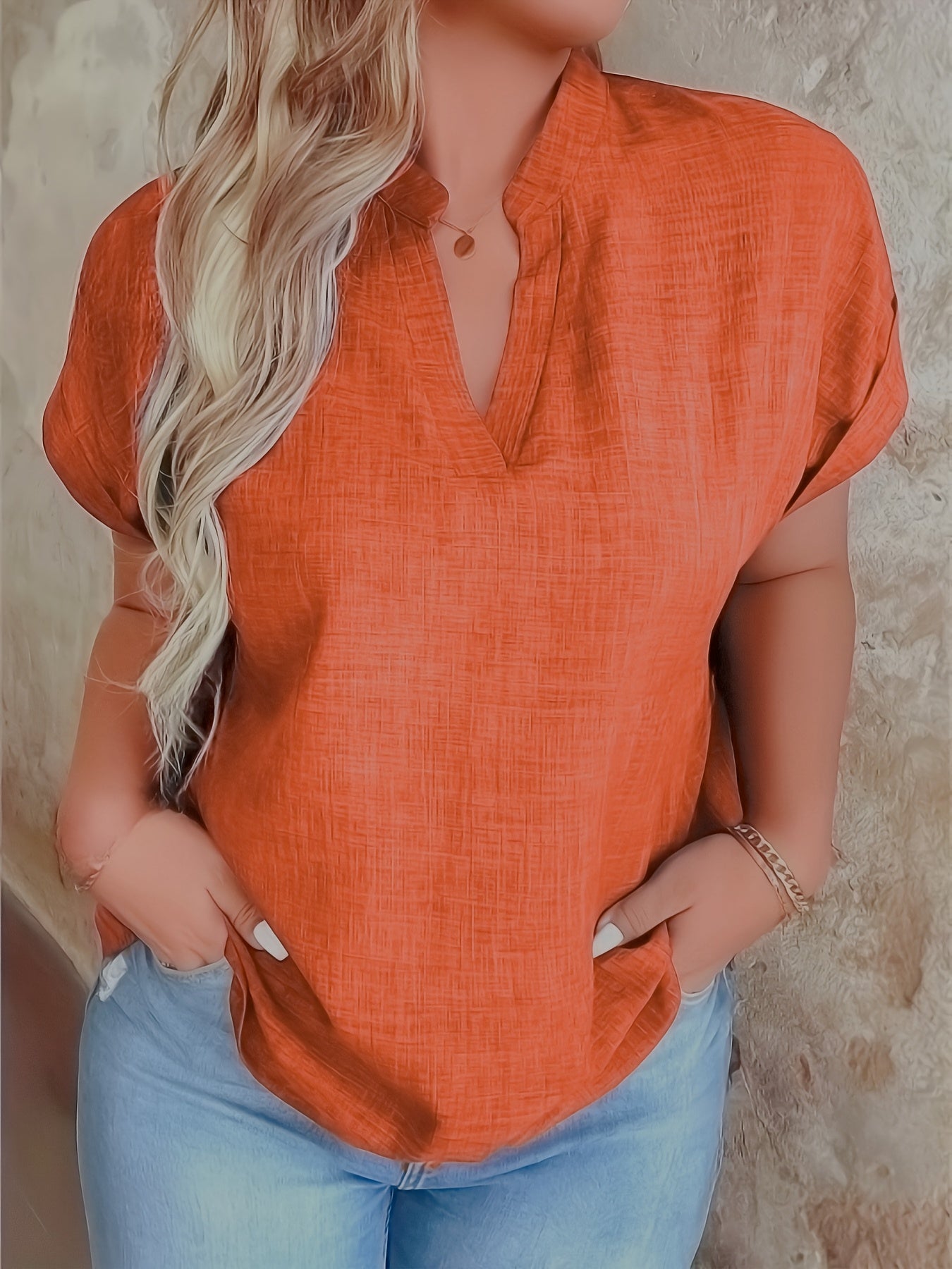 Women's Casual V-Neck Blouse with Small Stand-Up Collar - Vibrant Yellow Solid Color, Regular Fit, Machine Washable, Versatile for Spring Summer Fall, Seasonal Fashion Top, Sophisticated Casualwear, Lightweight Fabric, Everyd