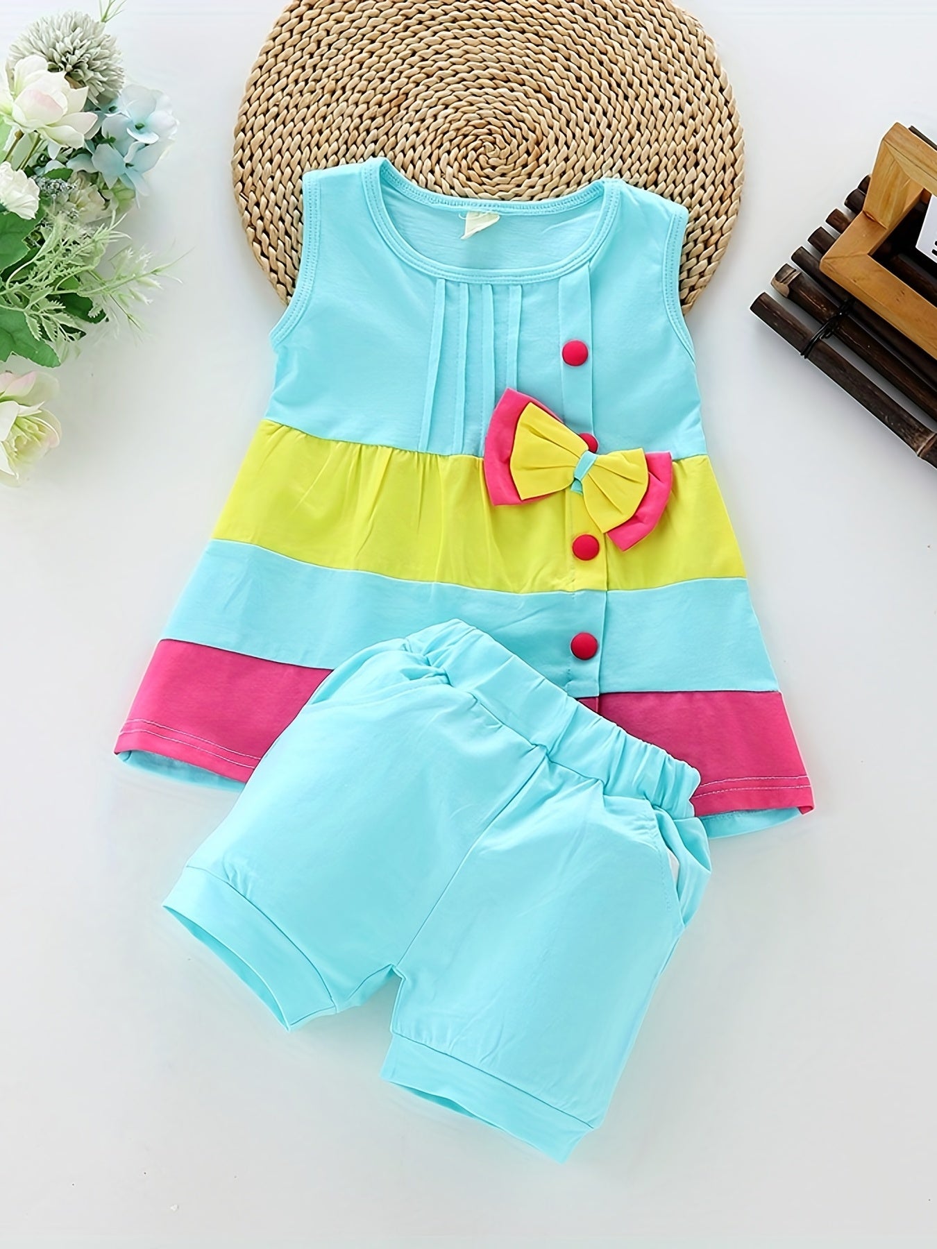 Stylish Color Block Outfit - Cute Bow Puffy Hem Vest & Pocket Shorts Two-piece Set Toddler Baby Clothes Outdoor Clothes Outdoor Suit