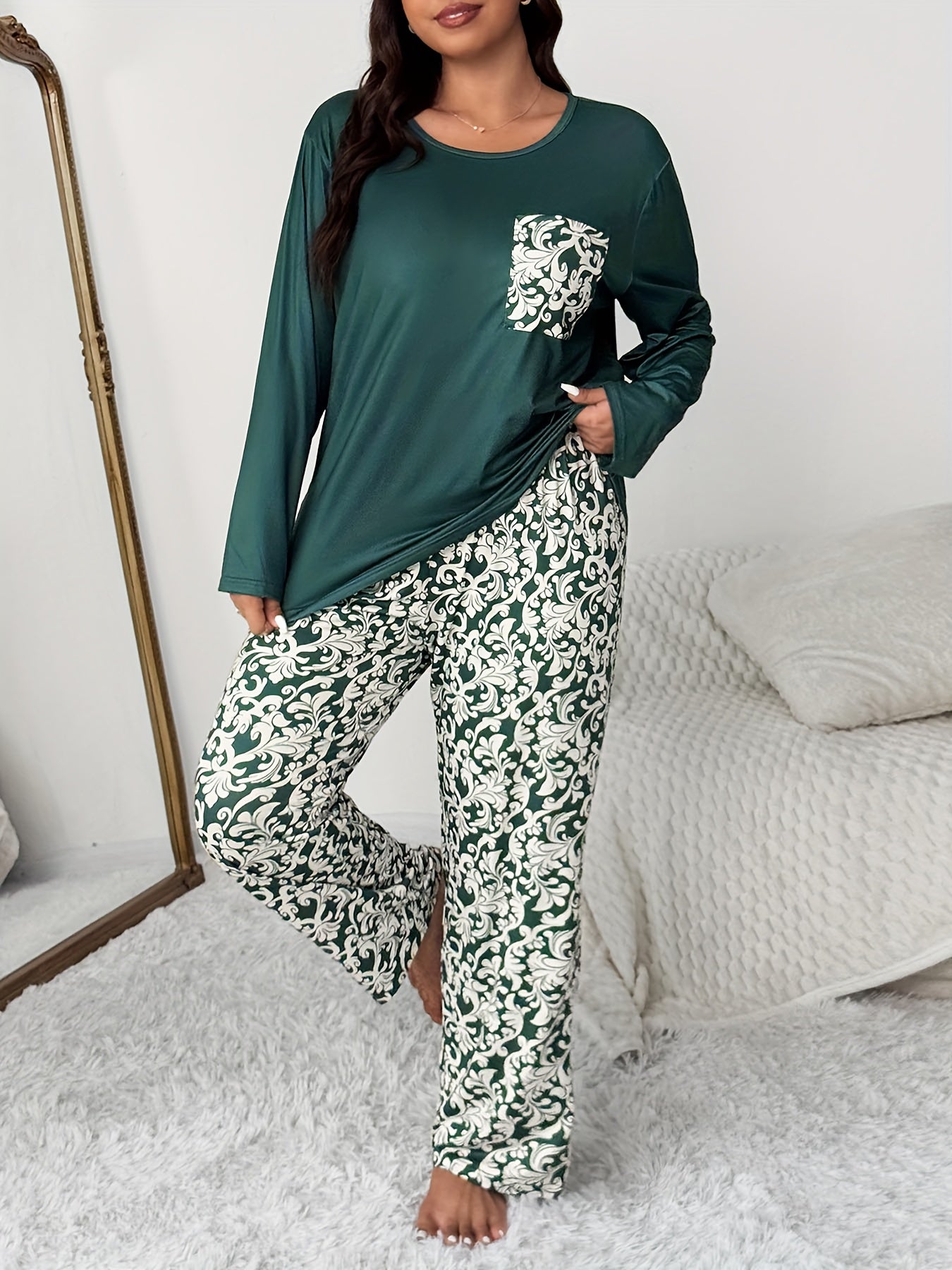 Plus Size Pocket Round Neck Long Sleeve Top and Geometric Floral Print Pants 2pcs Comfortable Casual Pajama Set