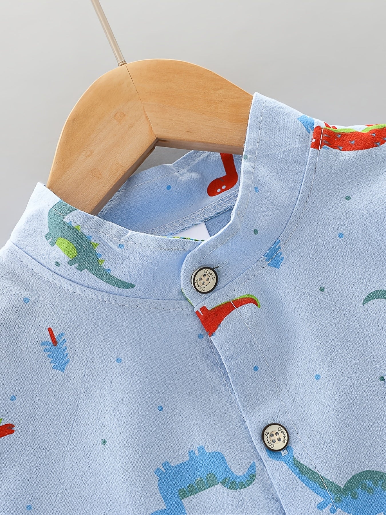 2pcs Baby Boys Dinosaur Print Button Short Sleeve Shirt Top & Elastic Waist Shorts Set Toddler Summer Clothes For Daily & Outdoor Wear