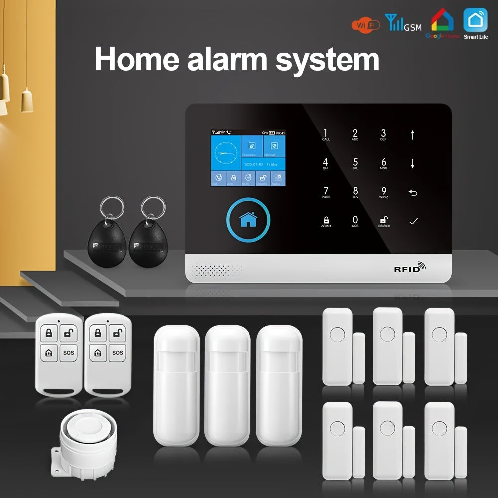 WiFi + GSM Auto-dial Smart Home Security Alarm System 433MHz LCD Display Alarm Panel Door Window Sensor PIR Motion Sensor Kit APP Remote Control Compatible With Alexa Google Home