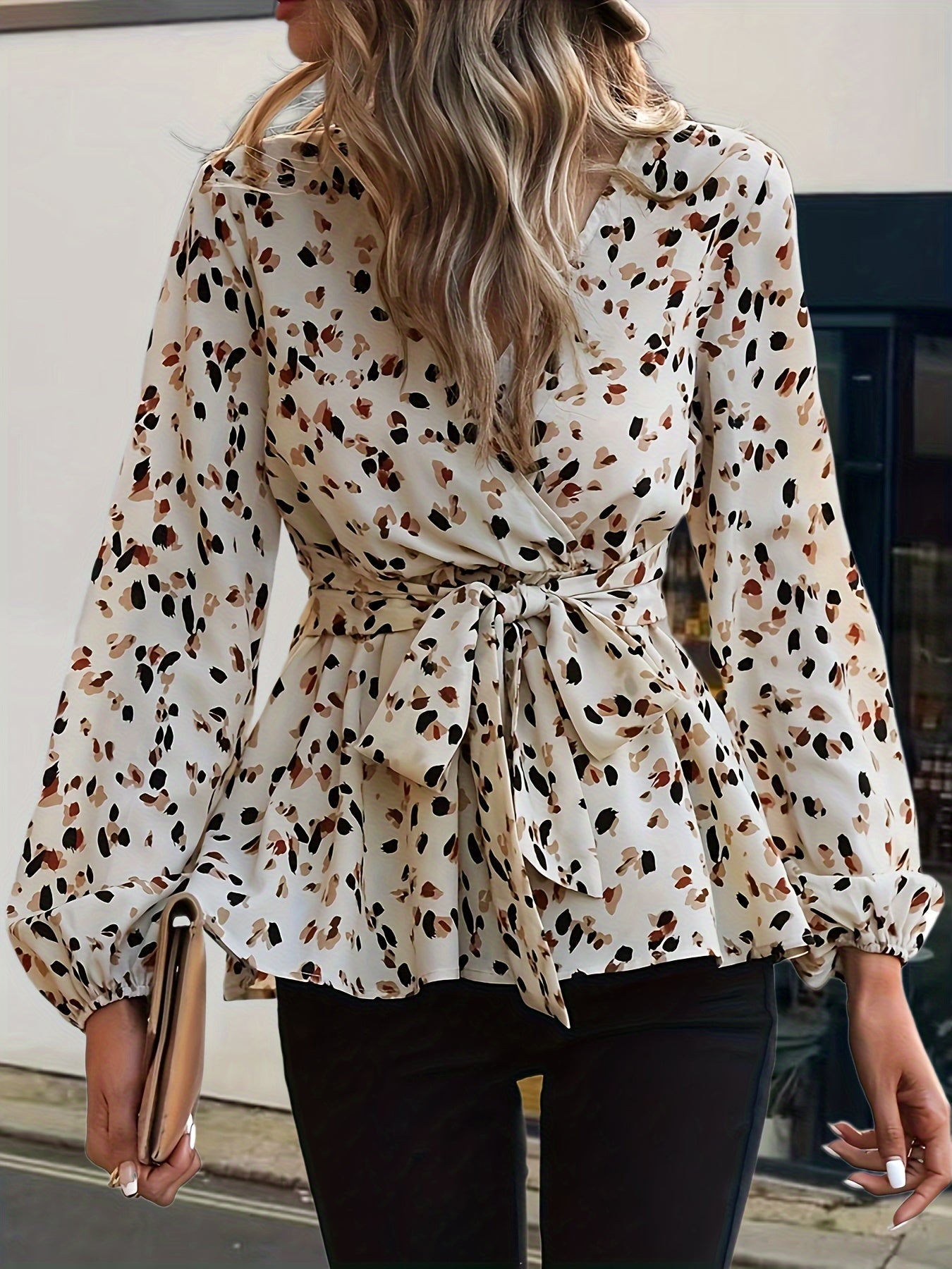 Allover Print Tie Waist Blouse, Vintage V-neck Lantern Sleeve Blouse For Spring & Fall, Women's Clothing