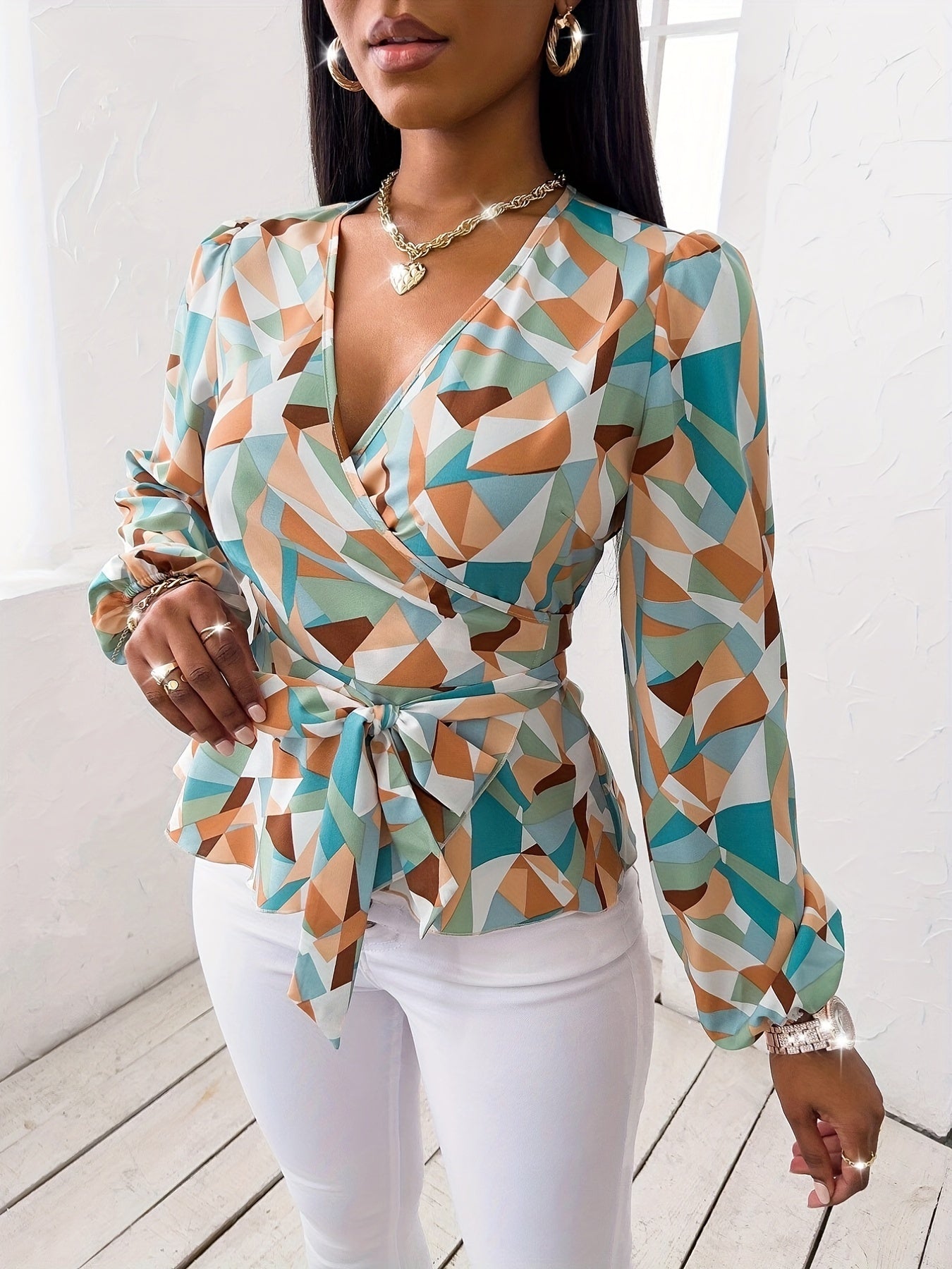 Chic Geometric Print Blouse with Tie Waist - Deep V-Neck, Long Sleeve, Polyester, Machine Washable - Ideal for Spring/Summer/Fall Fashion