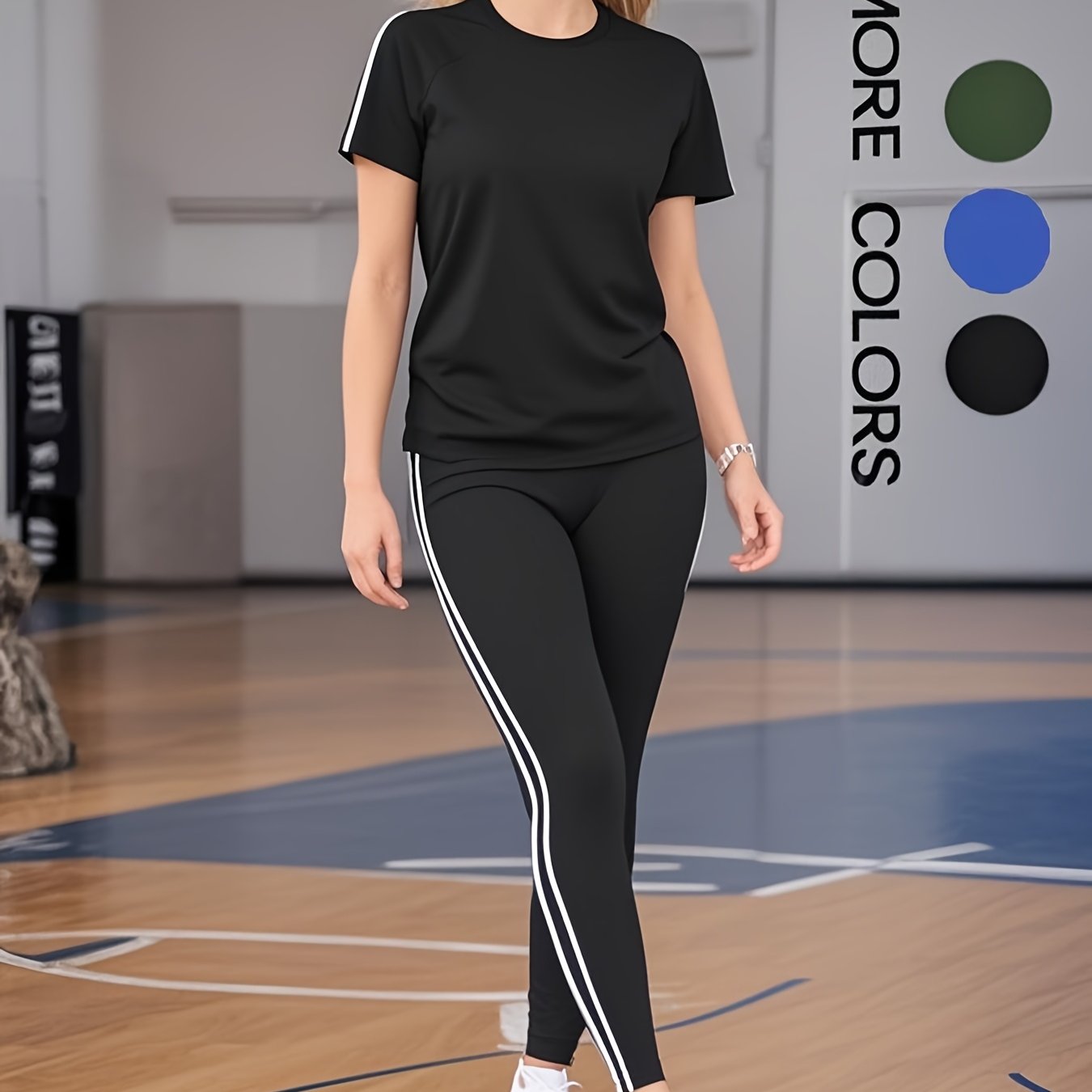 Women'S Casual Fashion Outdoor Sports Set, Double-Sided Striped Round Neck Short Sleeve Long Pants Two-Piece, Women'S Jogging Suit, Solid Color, Medium Stretch, Regular Sleeve, Crew Neck, Side Stripe, Pullover, Spring/Summer/