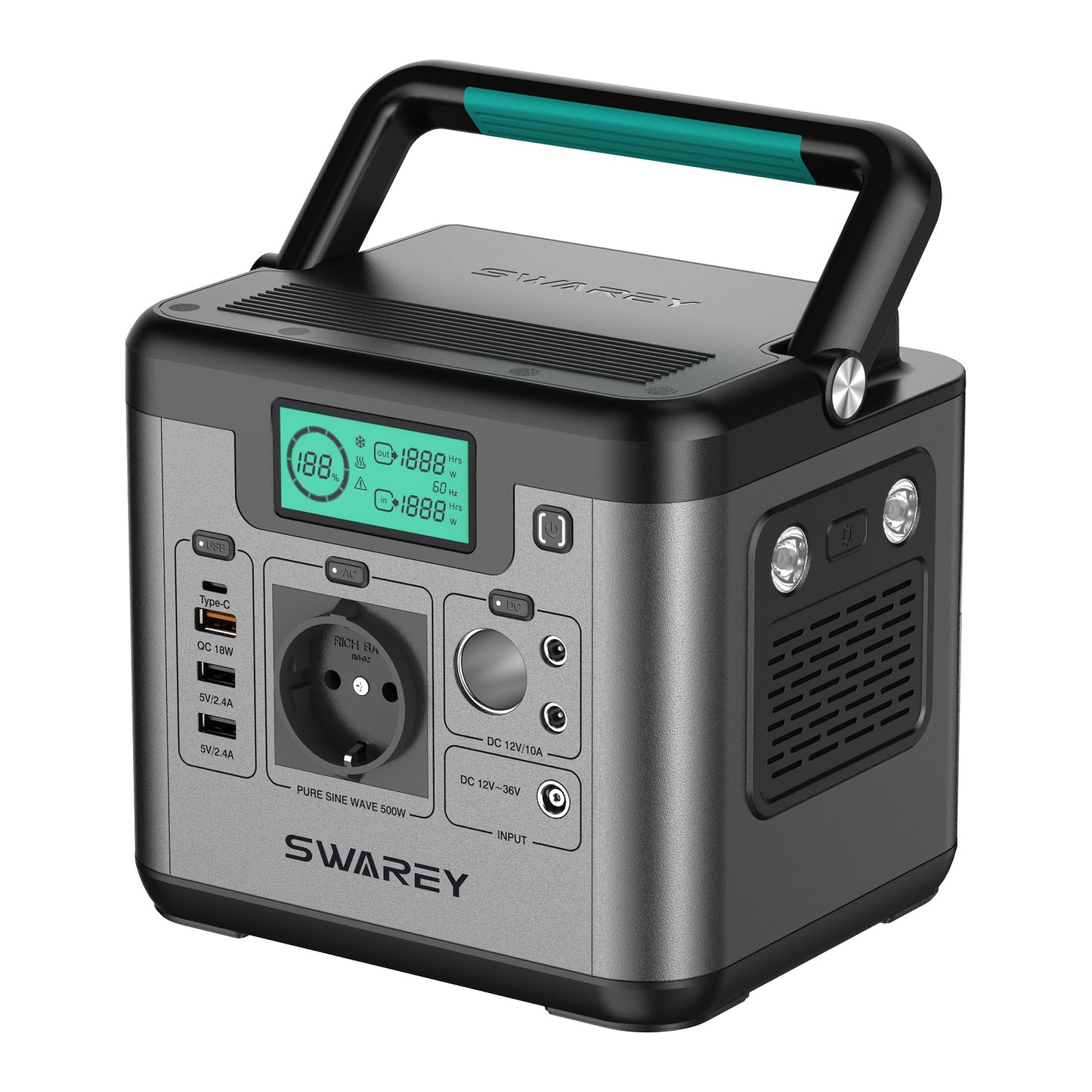 SWAREY Portable Power Bank, Power Station 518 Wh, Solar Generator 500 W AC Output, 65 W USB-C Port, Power Generator Battery for Party, Travel, Camping, Motorhome, Emergency