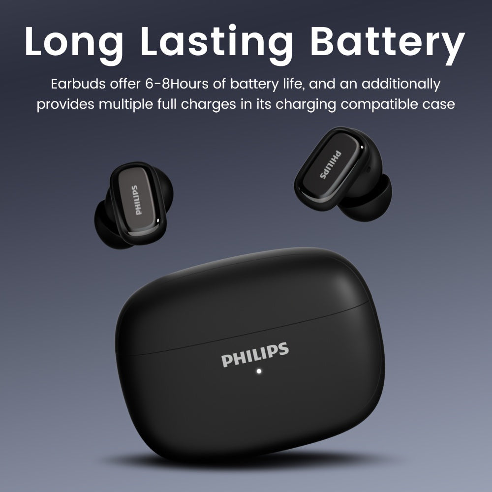 New Philips BT13.72 cm-Ear Earphones with Wireless Charging Case, 24Hour Playtime/Game Modes/Built-in Mic/Touch Control for Gaming, Running, Cycling TAT2569