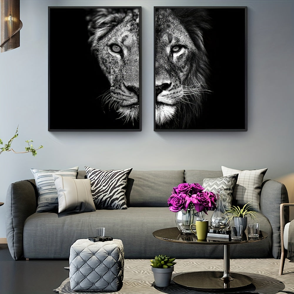 2pcs African Lion Wall Poster - Unframed Canvas Painting for Home Decor - 15.7x23.6in/40cmx60cm - Black and White Design