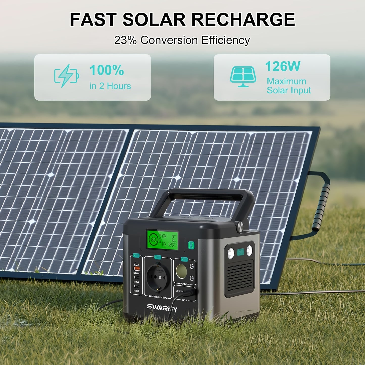 Swarey 300W Power Station with 100W Solar Panel, Power Bank with AC Outlet, 222 Wh Portabale External Battery Pack, PD 65W Fast Charging Laptop Charger Battery for Business Travel Camping Home Emergency Outage Laptop Camera