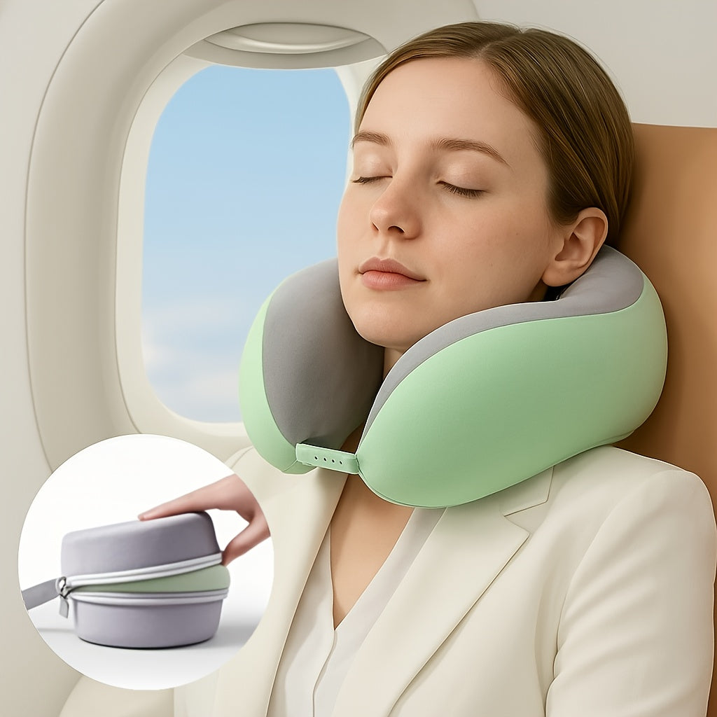 Ergonomic U-Shaped Neck Pillow with Storage Bag - Memory Foam Travel & Office Support, Removable & Machine-Washable Cover, Lightweight Portable Cervical Pillow for Airplane, Car, Bed - Compression-Fit Design for s (No Power R