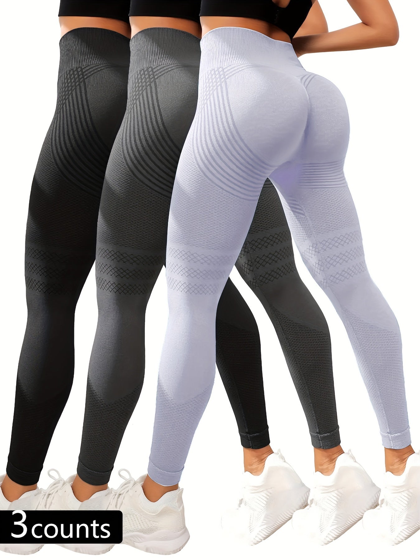 3-Pack Women'S High-Waisted Sports Leggings, Striped Yoga Pants with Hip Lift, Stretchy Knit Fabric, Polyamide 90% Elastane 10%, All-Season Skinny Tights for Fitness & Running, 280g/m²