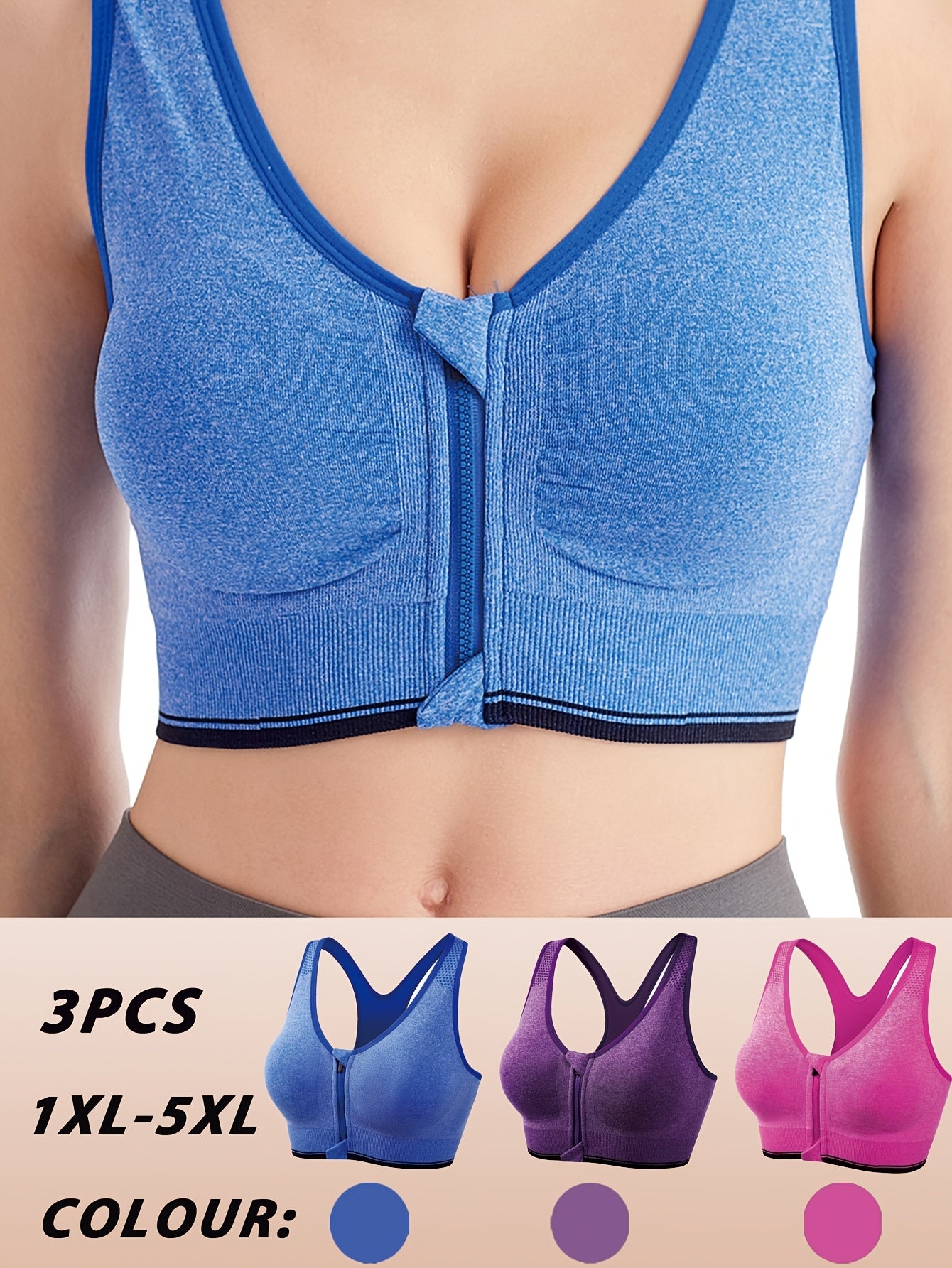 3pcs Plus Size Front Zipper Bras - No Underwire & Removable Pads, Breathable Mesh Running Bras for Women, 1XL-5XL (Navy/Black/Purple), Casual swear, Sleek y Look, Comfortable Fit