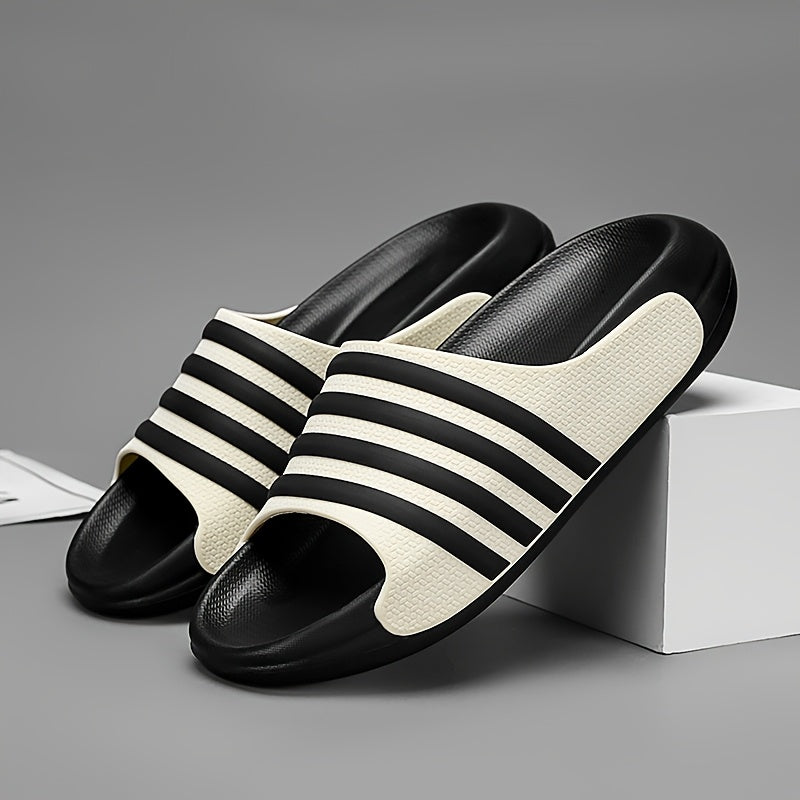 FRNDE Men's & Women's Slip- Slip-On Moccasin Slippers - 5cm Thick Cushioned EVA/PVC Upper & Arch, Black & White Striped Indoor/ Beach Shoes, All-Season Casual Slip-Ons for Men & Women (Unisex) - Comfortable Round-Toe Design w