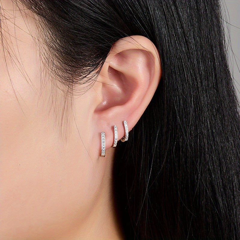 Sterling 925 Silver Jewelry Full Shiny zirconia Decor Hoop Earrings Elegant Minimalist Style Delicate Female Gift