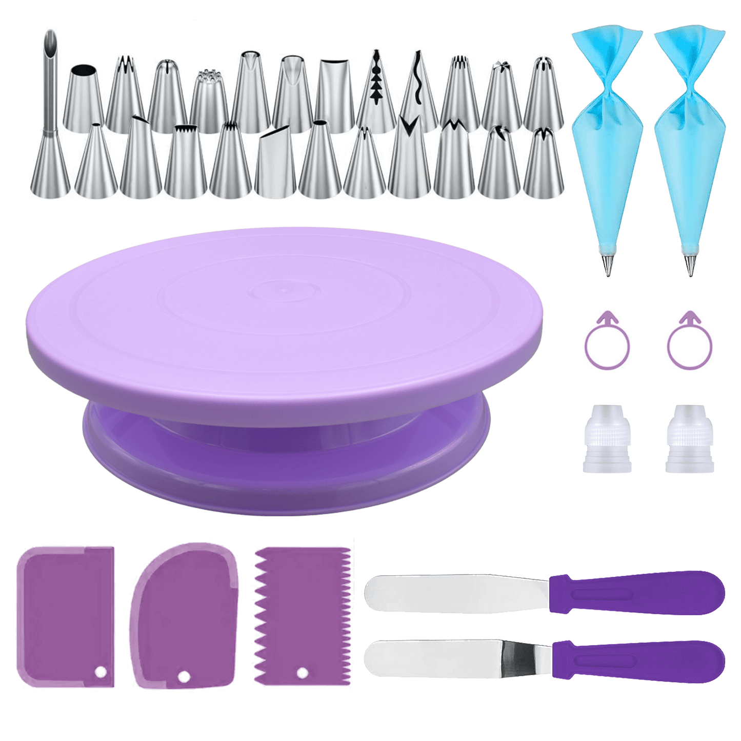 36pcs Stainless Steel Piping Nozzles Cake Turntable Set, 24 Piping Nozzles, 1 Cake Turntable, 2 Reusable Piping Bags, 2 Silicone Rings, 2 Converters, 2 Cream Spatulas, 3 Cream Scrapers, Cake Decorating, Nozzles, Pastry, Cupca