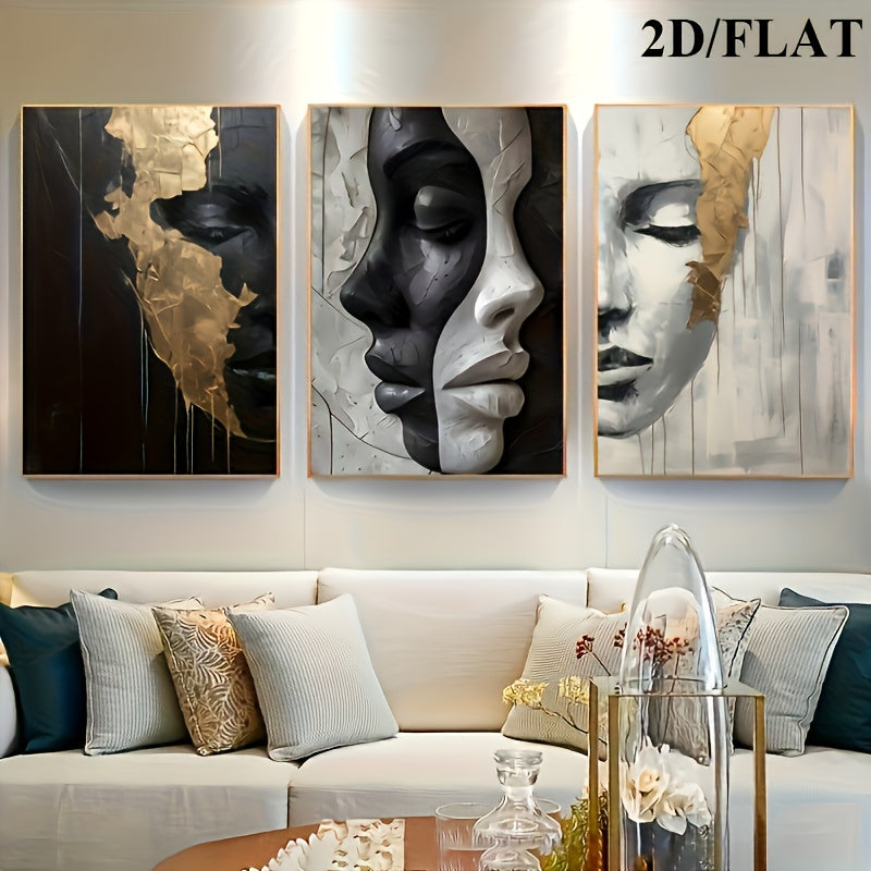 2D/Flat 3pcs Abstract Black and White Elegant Canvas Art with Wooden Frame, Large Wall Decor – Perfect for Living Room, Bedroom, Dining Room, Office – Ideal Halloween & Easter Gift, Flat 2D Design